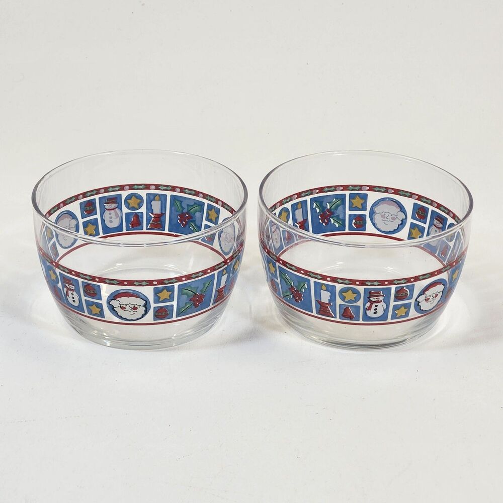 Libbey Christmas Bowls Glasses X2 Vintage Candy Nut Holiday Santa Snowman Holly